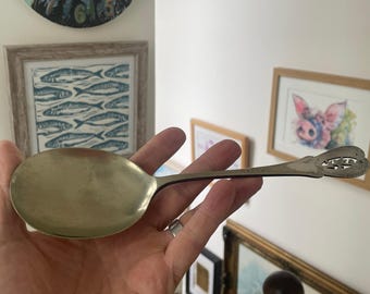 Antique Sheffield Silver Plated Serving Spoon, Pierced Handle