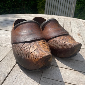 Antique French Breton Adult Clogs – Intricate Carving, Leather Comfort Strap, Shaped Heel – Vintage Wooden Shoes