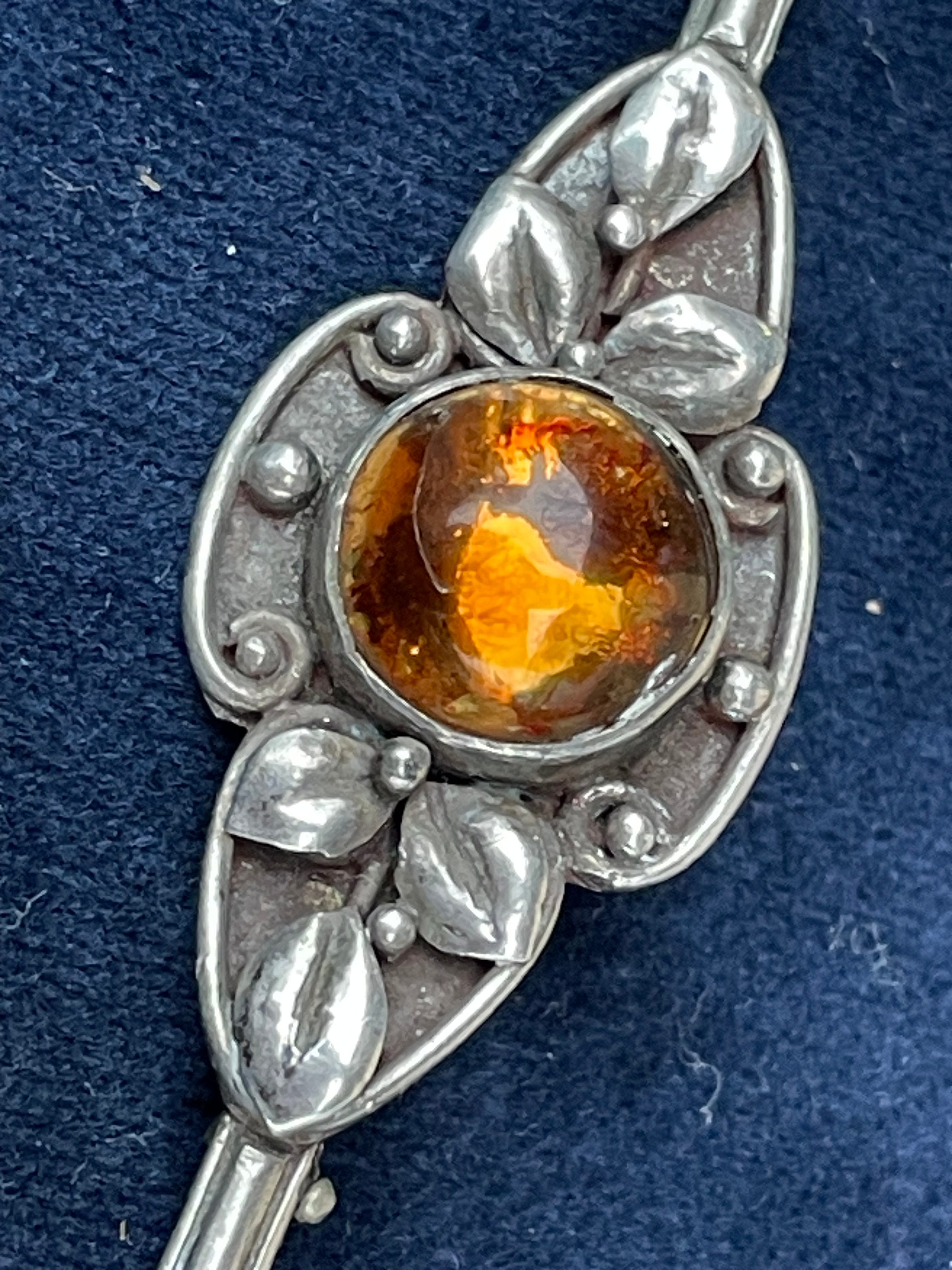 Broche Ancienne En Laiton Argenté Avec Pierre D'ambre - Bijou Vintage - Occasion (état à Vérifier)