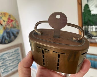 1921 Patented Brass Home Safe Coin Bank – Vintage Pre-Decimal UK Money Box with Key