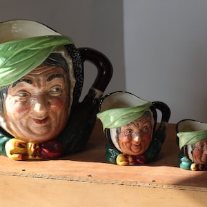Royal Doulton Sairey Gamp Toby Jug Set – Graduated Trio – Dickens Character Jugs – Vintage Earthenware Collectibles