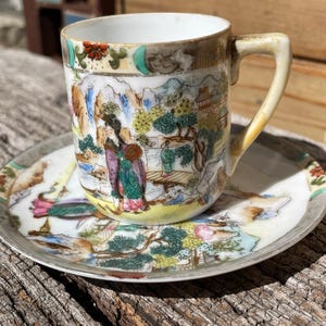 Cafetera y platillo antiguos japoneses Noritake Maruki de porcelana, c1910