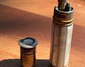 Vintage British army gilt metal and mother of pearl lighter with broad arrow ordnance mark
