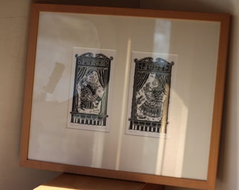 Jenny Portlock Original - Punch & Judy, Pair of Pencil Signed Linocut Prints, Limited Edition 17/50, Mounted as One - Frame 49x41cm