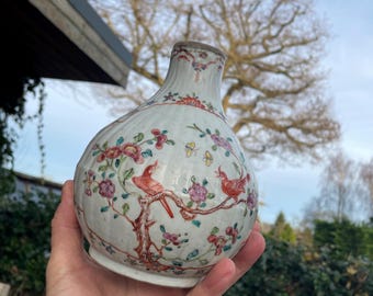 Jarrón chino Famille Rose con decoración de pájaros y flores – Porcelana estilo dinastía Qing