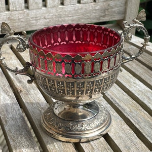 WMF plated bowl - Antique German Art Nouveau plated WMF Sugar Bowl With Cranberry Glass insert - 14cm tall