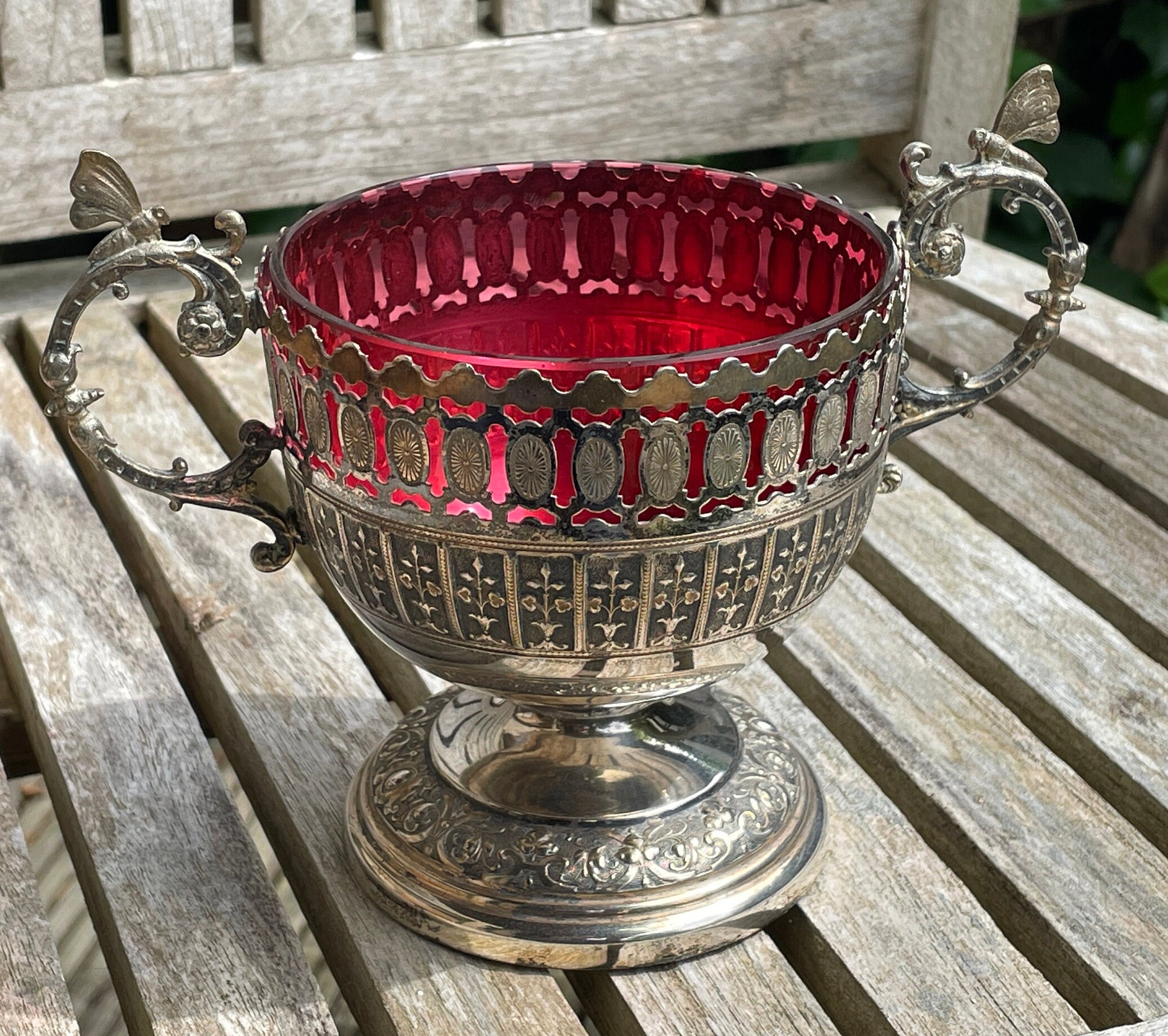 WMF plated bowl - Antique German Art Nouveau plated WMF Sugar Bowl With Cranberry Glass insert - 14cm tall