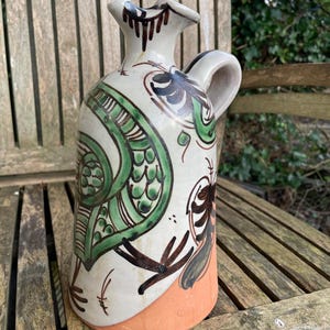 Spanish Teruel Pottery Jug, Domingo Punter Hand Painted Ceramic, Green Black Glaze