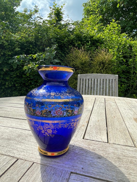 Italian Cobalt Blue Glass Vase – Gold Trim & Floral Design