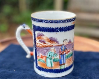 Chinese 18th Century Antique Beaker - Hand Painted Porcelain With Garden Scene and Dragon Design Handle  11.5cm Tall