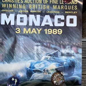 Original 1989 Christie&#39;s Le Mans Racing Poster – Jaguar Aston Martin Bentley Lagonda – Monaco Auction Advertisement