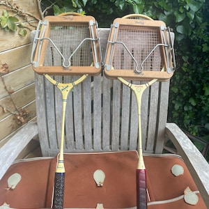 Vintage Dunlop & Slazenger Badminton Rackets with Wood Clamp in Thomlinson’s Greban Case
