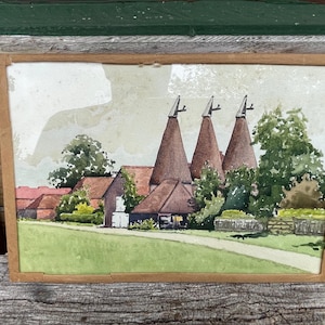 Original glazed watercolour of Kent Oast House scene, Kent -  by renowned London artist Herbert Ahier c1950&#39;s