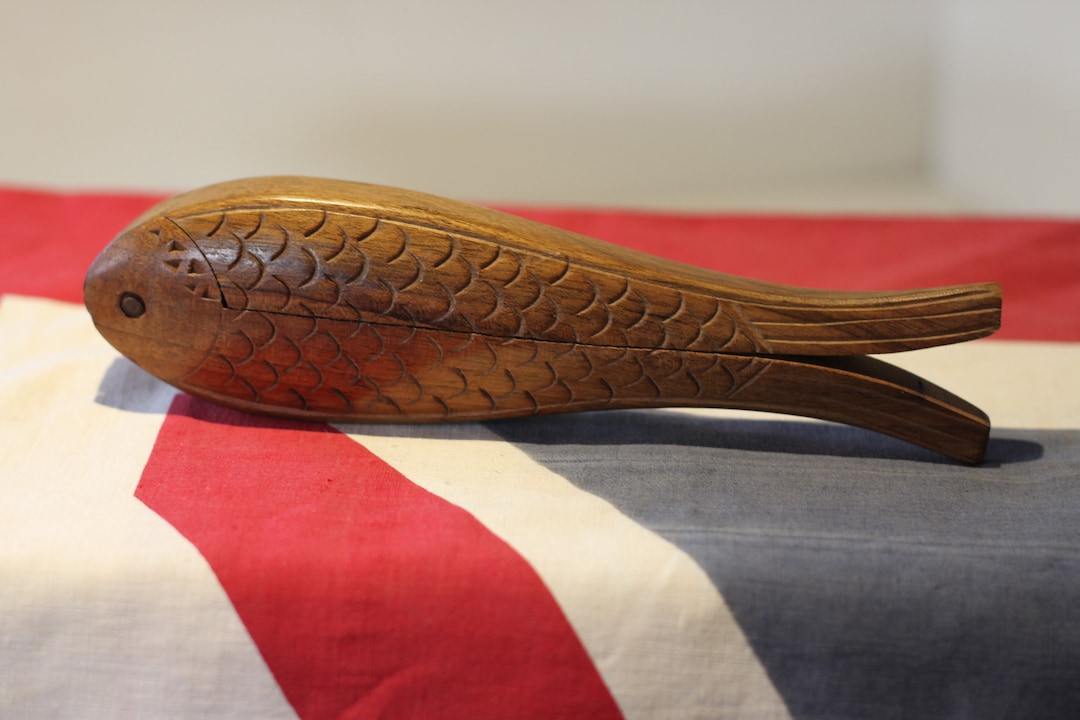 A Set of Vintage Folk Art Hand Carved Wooden Fish Nutcrackers With Hand