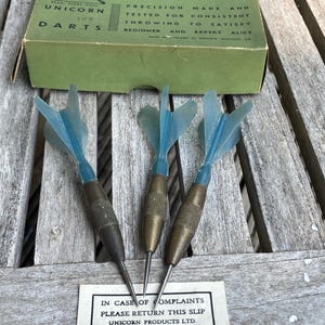 Vintage Unicorn Darts Set | 1950s Brass Uniplume Darts in Original Box | Made in England | Collectible Bar Game Gift