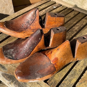 May include: Three wooden shoe lasts, one with the number "M3953" inscribed on it. The lasts are made of brown wood and have a worn, vintage look.