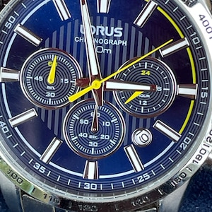 A Working Lorus Men&#39;s  Quartz Movement Steel Chronograph 50m  Blue Face  Bracelet Wristwatch  44mm Diameter