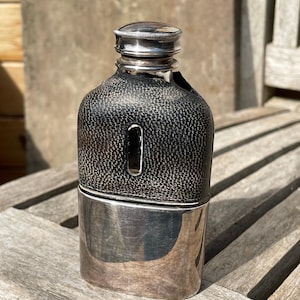 Antique James Dixon and Sons Sheffield EPBM, glass and leather hipflask and cup 11cm tall c1880