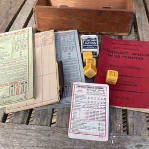 Vintage Vertrag Bridge Set, Karten, Würfel, Bücher, Holzkiste, Klassisches Spiel, Sammlerstück