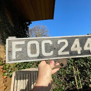 Vintage UK classic car registration plate, unique, novelty, marked PLATO Ltd, man cave must