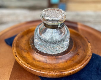 A Large Weighty Hobnail Cut Glass Inkwell on Circular Wooden Stand 21cm Diameter Base c1870