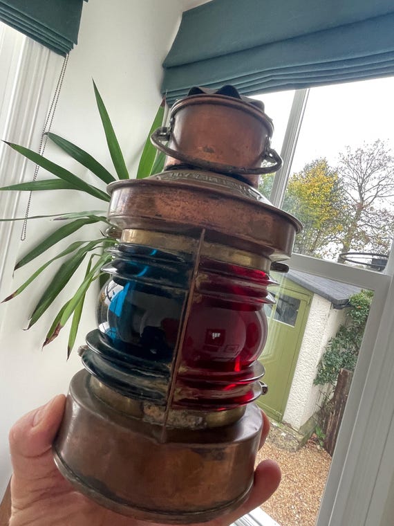 ♪昔の船の赤ガラスの銅製ランプ　中古 Antique Dutch Copper Ship Lantern – 'tweekleur' Port and Starboard