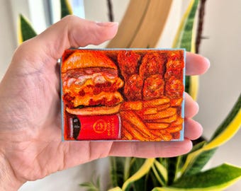 Burger Box (6×8cm)| Original, Hand-Painted Acrylic Burger Painting on Tiny Canvas | Food Art