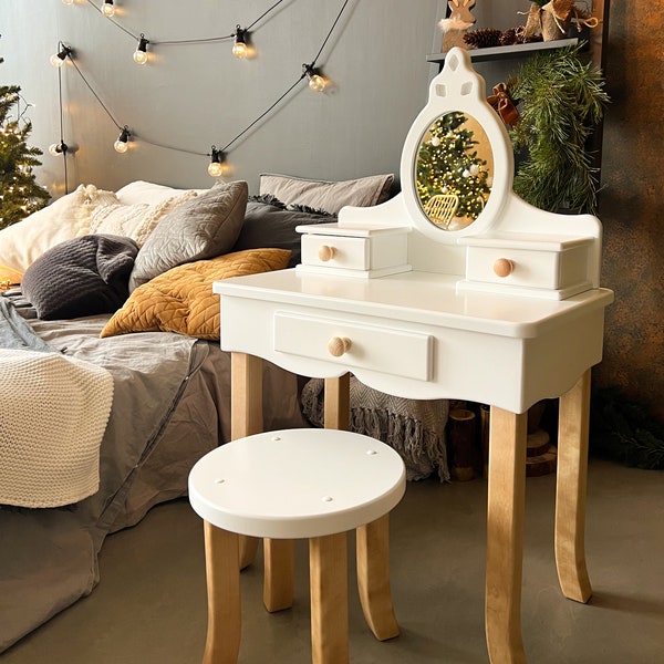 Coiffeuse pour fille avec tabouret et miroir Coiffeuse Coiffeuse en bois blanc pour petite fille Coiffeuse pour tout-petit