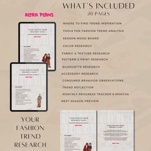 Może przedstawiać: Cyfrowy przewodnik po badaniach trendów w modzie, zatytułowany "Your Fashion Trend Research Guide" i tekstem "Discover, Organize & Create". Przewodnik zawiera sekcje dotyczące znajdowania inspiracji trendów, badań kolorów, badań tkanin i faktur oraz wiele innych.