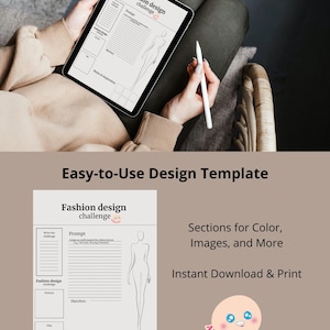 Może przedstawiać: Drukowany szablon do projektowania mody z sekcjami na podpowiedź, szkice, notatki i inspirację. Szablon zawiera rysunek liniowy postaci kobiecej. Tekst "Fashion design challenge" znajduje się na górze szablonu.