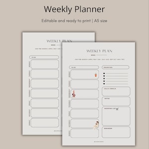 Könnte beinhalten: Zwei druckbare Wochenplaner-Seiten in Schwarzweiß mit minimalistischem Design. Die linke Seite hat einen Tagesplan von Montag bis Sonntag. Die rechte Seite hat Abschnitte für To-Dos, Prioritäten, Anrufe/E-Mails, Notizen, Einkaufsliste und Erinnerungen. Die Seiten enthalten kleine Illustrationen einer Kaffeetasse, einer Frau, die auf einem Stuhl sitzt, und einer Ente.