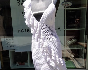 Sexy bridal crochet dress, Hand knit cotton dress, Knit lace wedding long dress, Hole summer vacation beach dress with curls, Spanish style