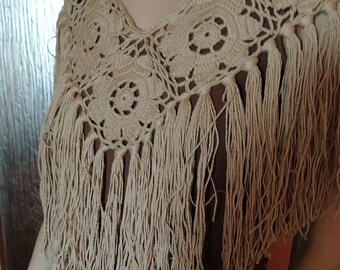 Crochet summer cape, Summer flowers knit poncho, Fringes  beach wrap, Knitted shrug