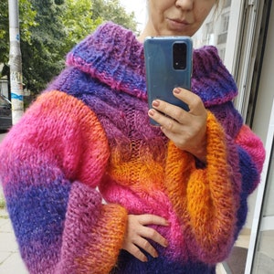 Colorful knit wool ombre striped sweater, Winter fluffy mohair open shoulders pullover, Patchwork multicolor sweater, Huge turtleneck