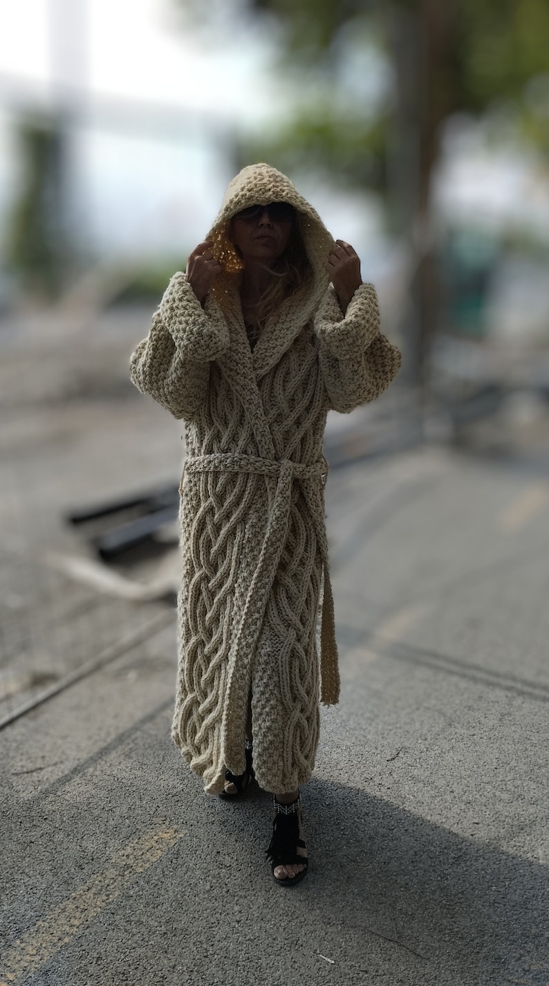 Wool cable knit cardigan coat, Oversize deep hooded cardigan , Volume sleeves hand knit coat, Chunky knit maxi coat, Floor length cardigan image 4