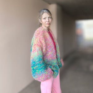 Mohair crop sweater cardigan, Colorful multicolored neon fuschia ombre striped jacket, Balloon sleeves, Slouchy oversized bomber