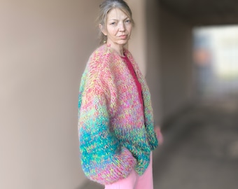 Mohair crop sweater cardigan, Colorful multicolored neon fuschia ombre striped jacket, Balloon sleeves, Slouchy oversized bomber