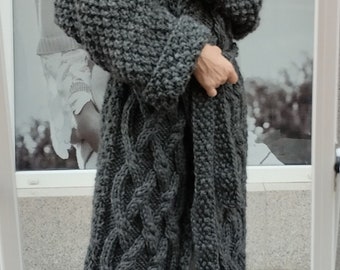 Thick wool long hooded men cardigan, Chunky knit women cable hand knit sweater cardigan, 100% pure wool