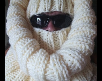 Tube scarf ribbed hand knit and balaclava, Thick wool turtleneck, Chunky knit balaclava