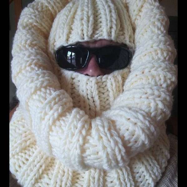 Écharpe tube côtelée en tricot main et cagoule, col roulé en laine épaisse, cagoule en grosses mailles