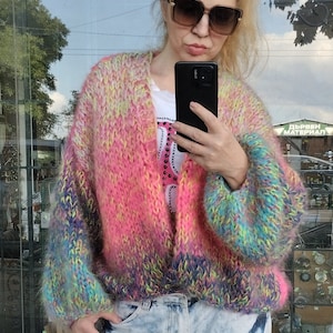 Mohair ombre melange bomber, Neon crop cardigan, Balloon sleeves, Gradient fade sweater, Fluffy soft mohair jumper