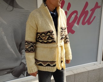 Starsky and Hutch sweater cardigan, Pure merino wool, Shawl collar jumper, Hand knit men jacket,  Cowichan inspired sweater, Ready to ship