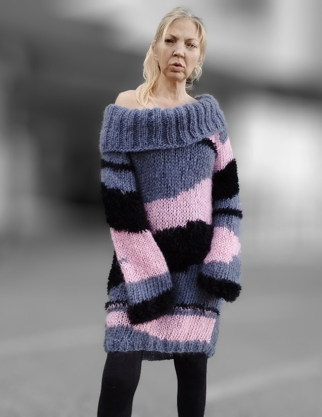 Moxidress Turtleneck Side Split Striped Sweater