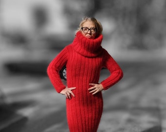 Mohair  fluffy knit sweater dress, Hand knitted ribbed dress, Brushed mohair slim fit dress, Oversize turtleneck