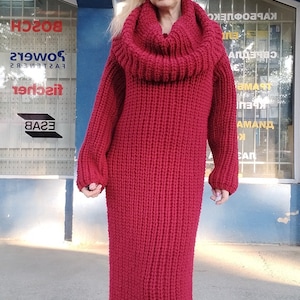 Chunky wool knit sweater dress, Giant huge turtleneck thick long pullover, Hand knit soft  jumper, English ribbed bulky yarn sweater