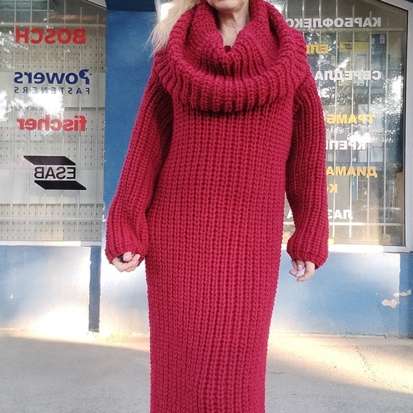 Chunky wool knit sweater dress, Giant huge turtleneck thick long pullover, Hand knit soft  jumper, English ribbed bulky yarn sweater