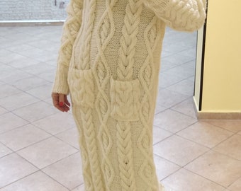 Floor length sweater dress, Cable hand knit angora mohair dress, Hooded sweater dress, Fluffy soft mohair long dress