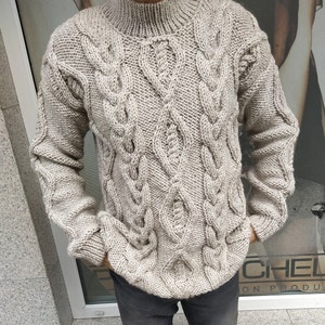 Hand knit pullover for men, Cable knit  thick men sweater, Chunky knit Alpaca wool men turtleneck sweater, Aran jumper, Fisherman sweater