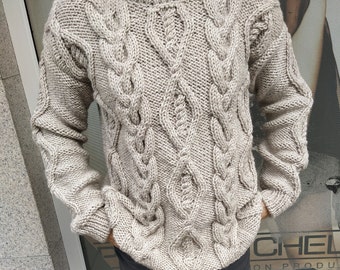 Hand knit pullover for men, Cable knit  thick men sweater, Chunky knit Alpaca wool men turtleneck sweater, Aran jumper, Fisherman sweater