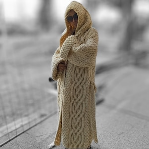 Wool cable knit cardigan coat, Oversize deep hooded cardigan , Volume sleeves hand knit coat, Chunky knit maxi coat, Floor length cardigan